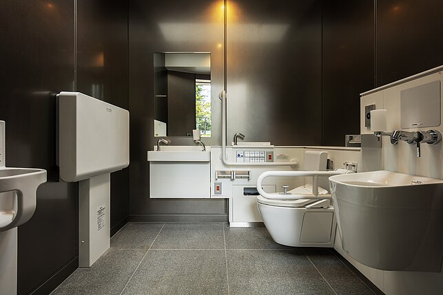 Illustration of the inside of a clean public toilet.